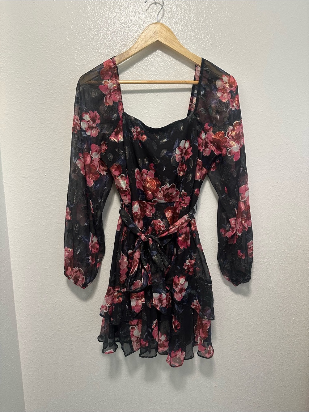 Shimmer Floral Mini Dress with Ruffle Tiers